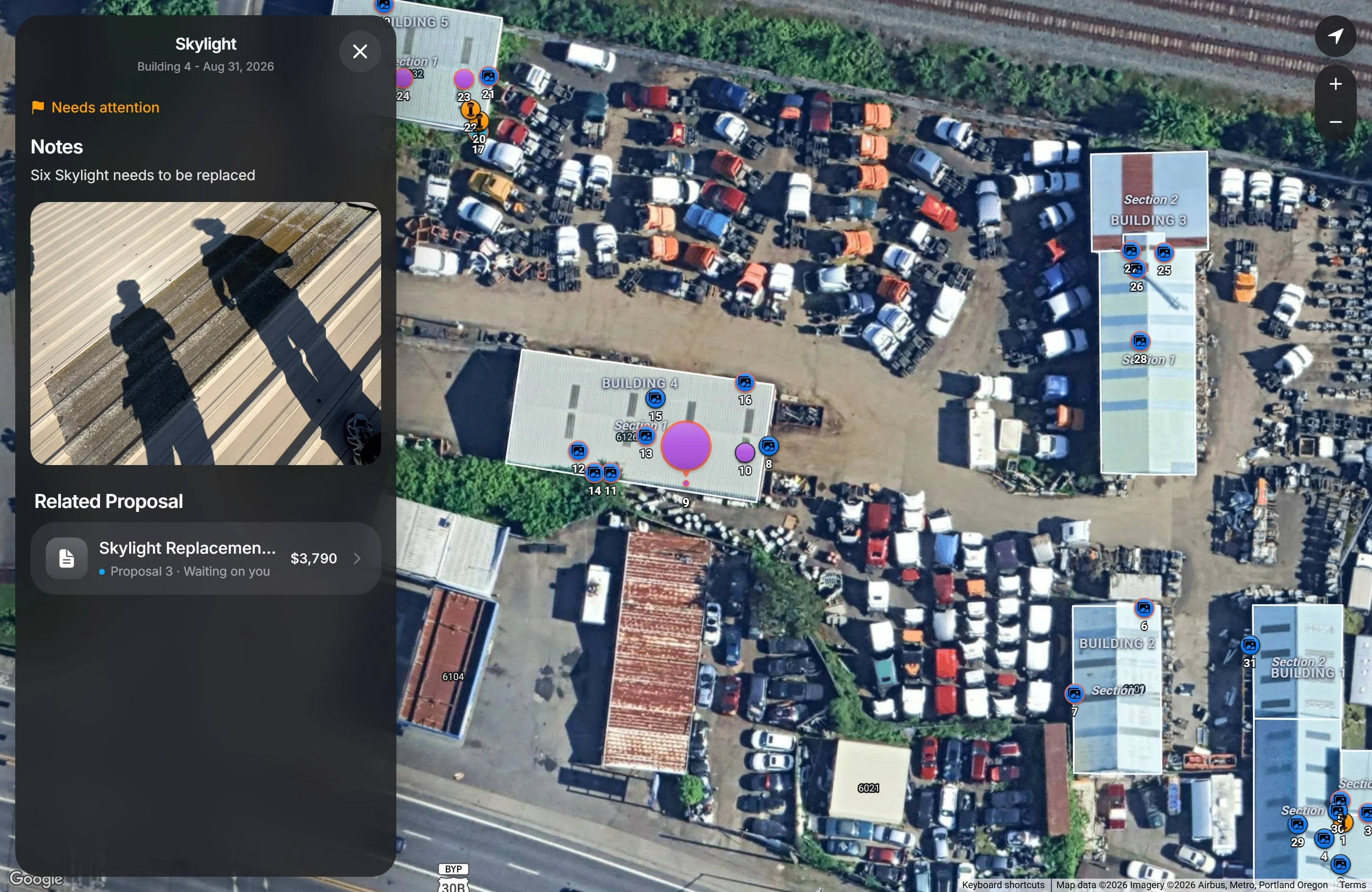 A flagged skylight on Building 4 opened in the Roof Report, with a note that six skylights need replacing, a photo from the roof, and a Related Proposal card for Skylight Replacements on Buildings 4 and 5, priced at $3,790. Numbered markers cover the building on the map.