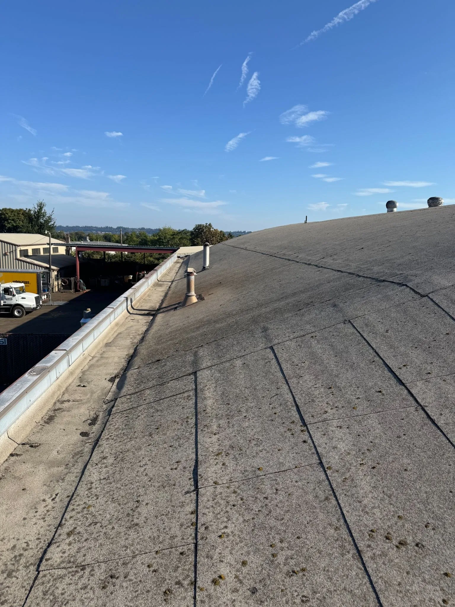 Domed commercial torch-down roof with overlapping sheets, vent pipes, and a metal perimeter edge