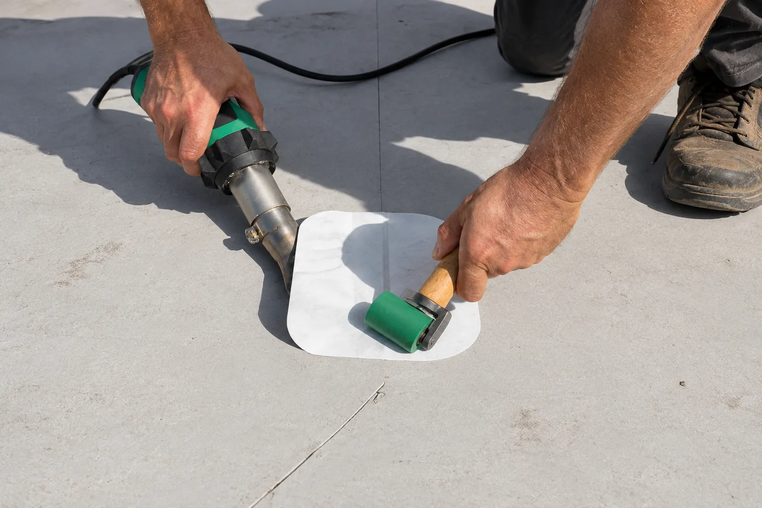Roofer holding a hot-air welder and green hand roller over a white patch on a roof seam