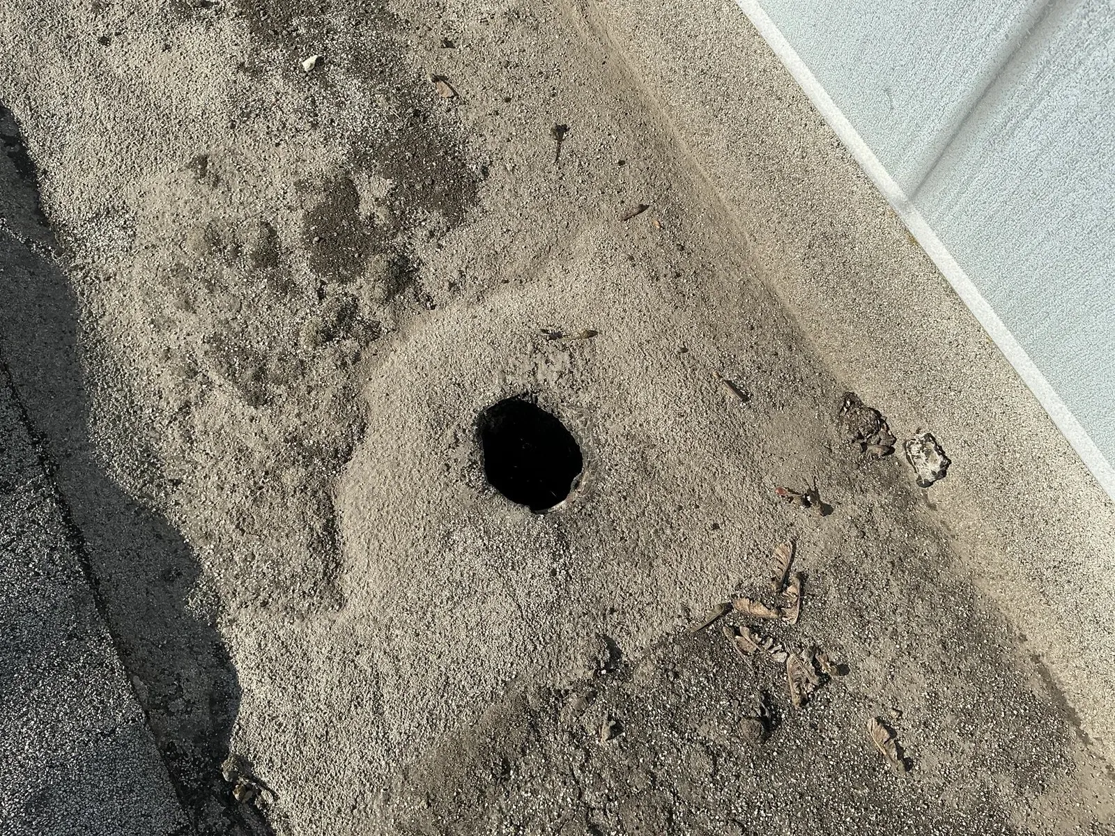An open roof drain with no strainer on a granulated cap sheet roof, with leaves, grit, and dark water stains spread around the built-up flashing at the drain