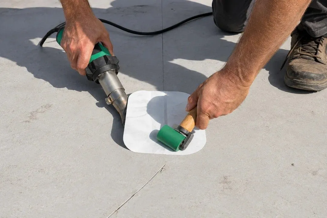Roofer heat-welding a white membrane patch with a hot-air welder and seam roller