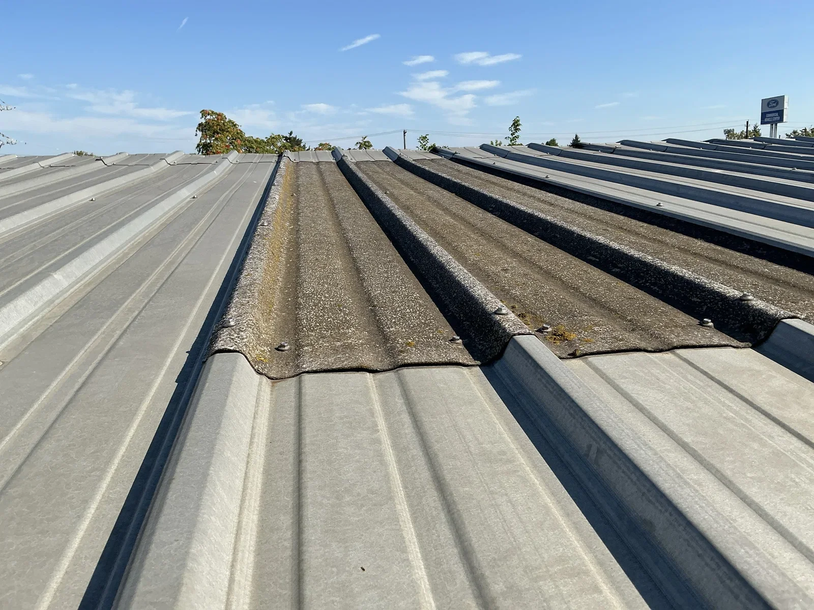 Rows of a long metal roof with worn coating between the ribs.
