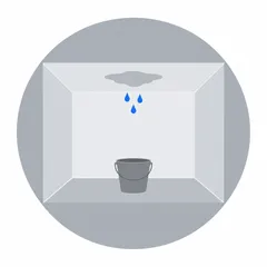 Three nearby drips beneath one ceiling patch, above a single bucket.