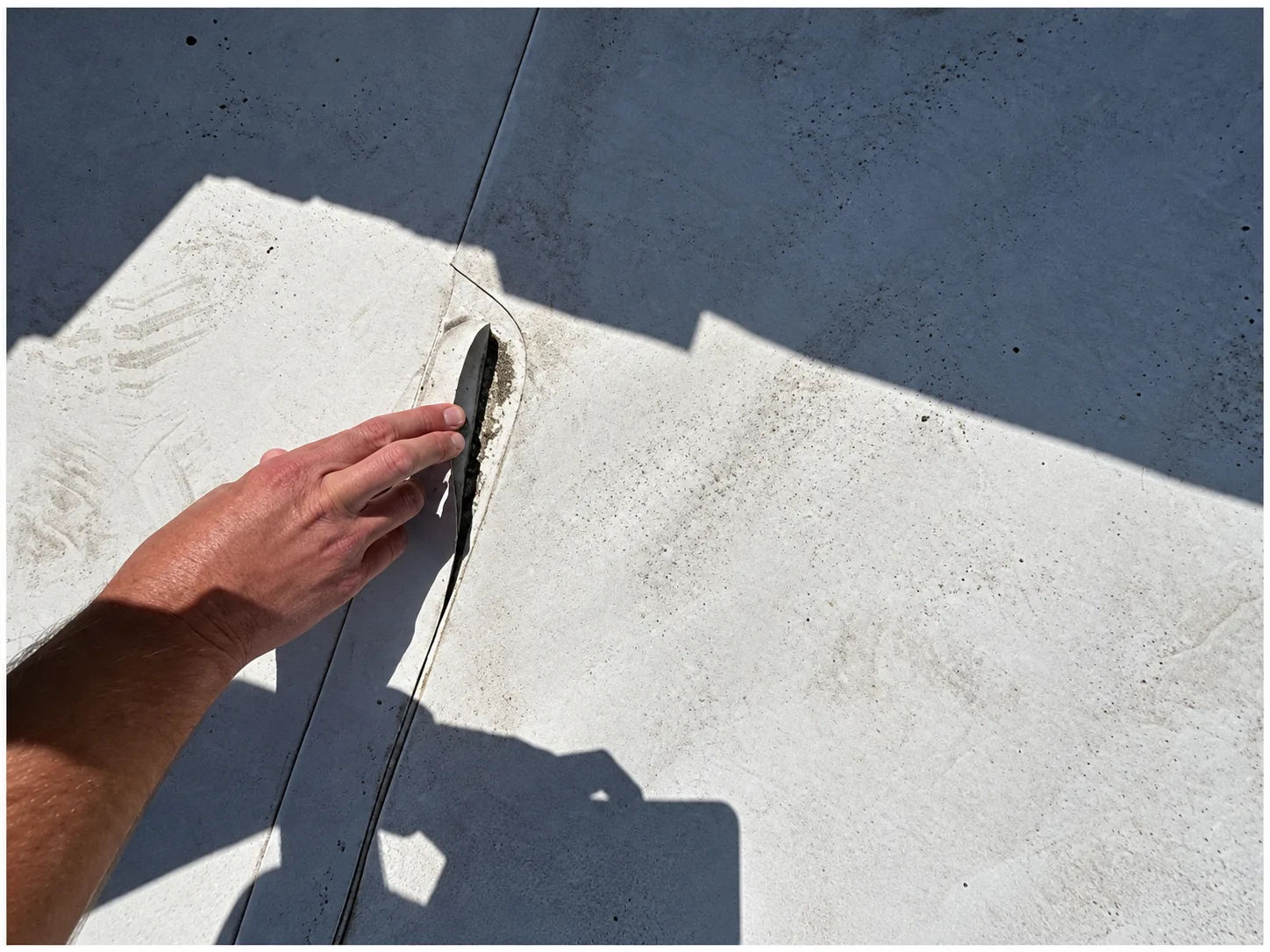 A hand lifts an open seam in a white roof membrane