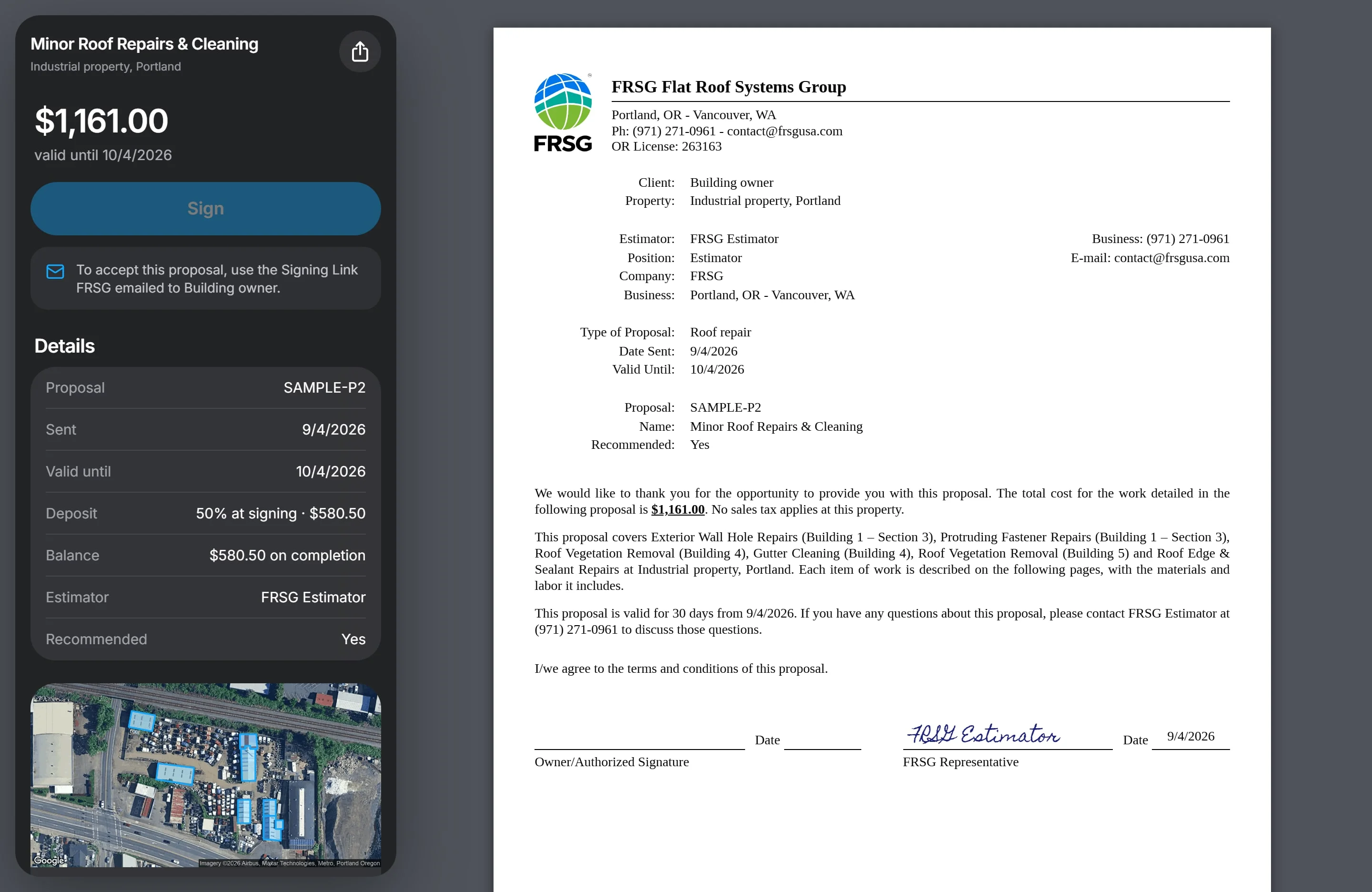 An FRSG proposal for minor roof repairs and cleaning, $1,161, opened from the Roof Report. On the left, a panel lists the proposal number, the date sent, valid until, a 50 percent deposit at signing, the balance on completion, and Recommended: Yes. On the right is the first page of the printed proposal on FRSG letterhead.