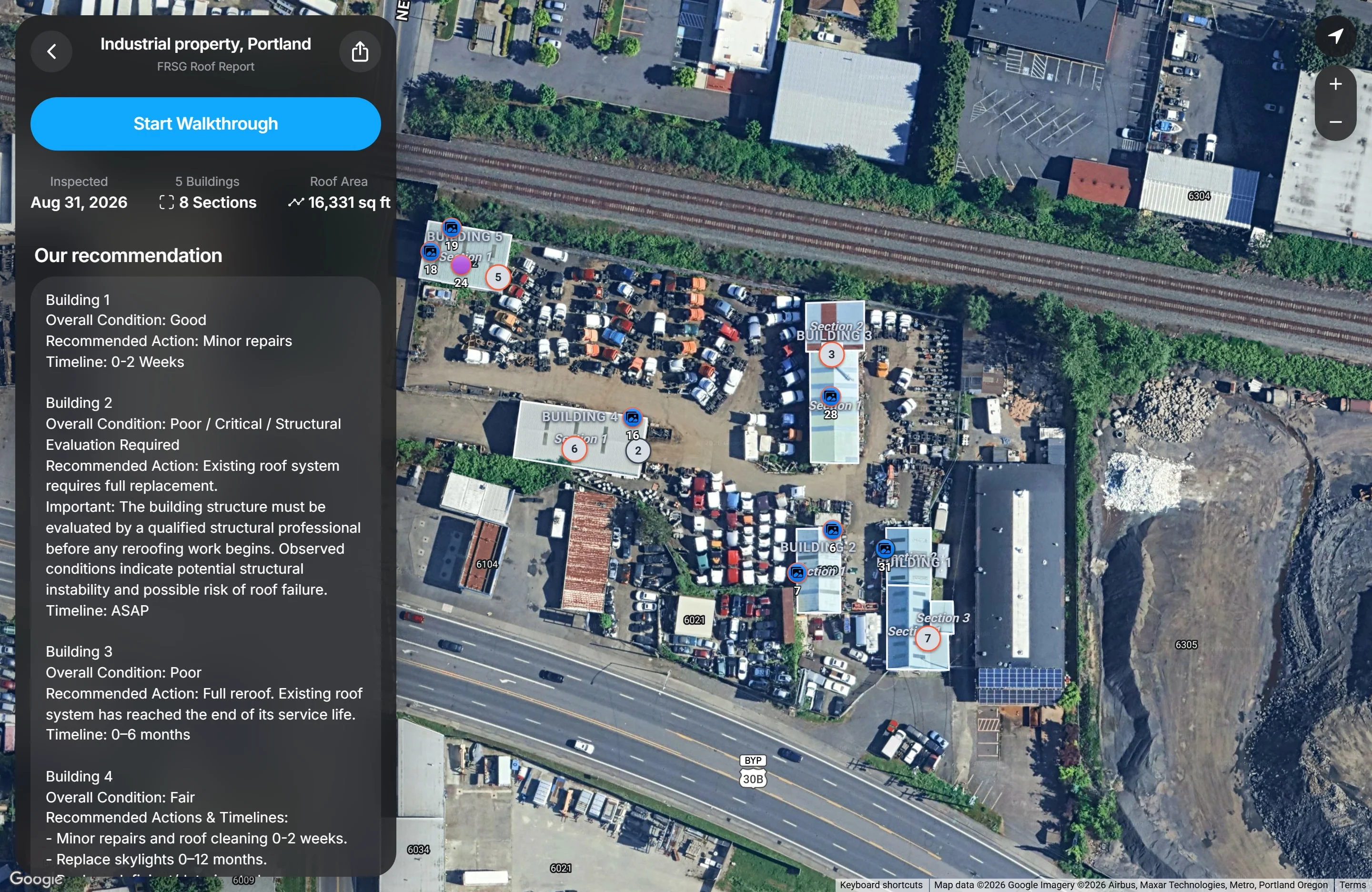 The FRSG Roof Report for an industrial property in Portland: a satellite map with five buildings and their roof sections outlined, and a panel showing the inspection date, 5 buildings, 8 sections, 16,331 square feet of roof, and a written recommendation for each building with its condition and timeline.