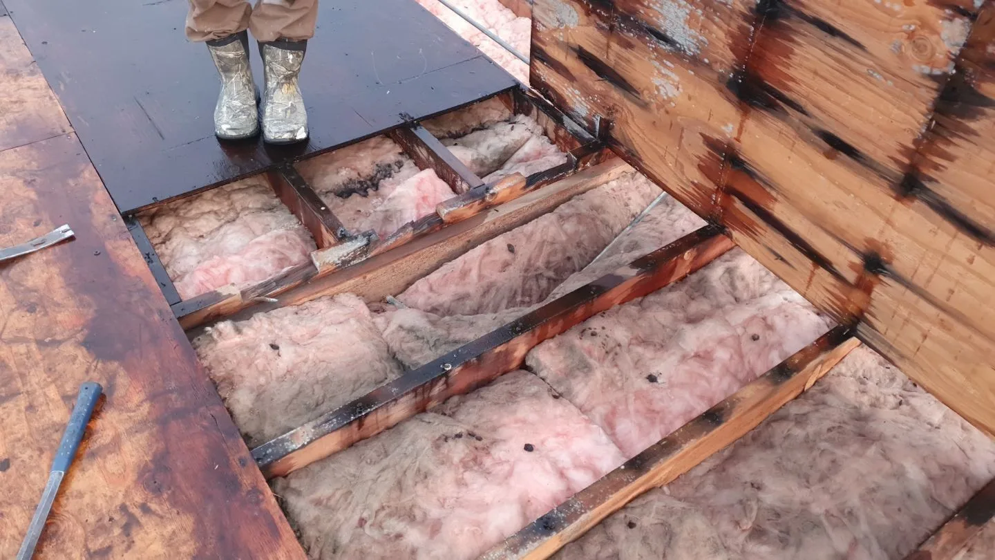 An opened section of roof deck showing pink fiberglass insulation between wooden joists, with dark rot along the joists and a lifted plywood sheet stained black along the lines where it sat on the framing