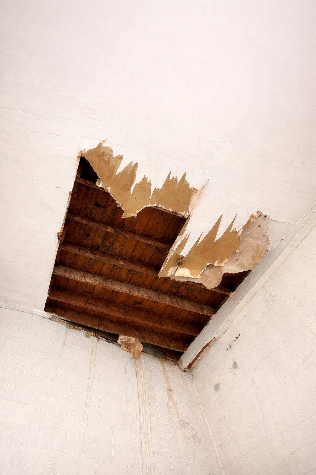 A collapsed ceiling exposing water-stained roof decking and joists