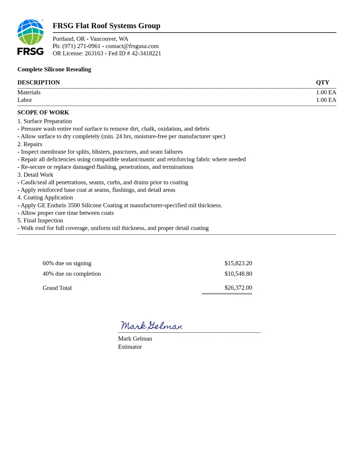 FRSG official silicone resealing proposal showing preparation, repairs, coating application, and a grand total of $26,372.