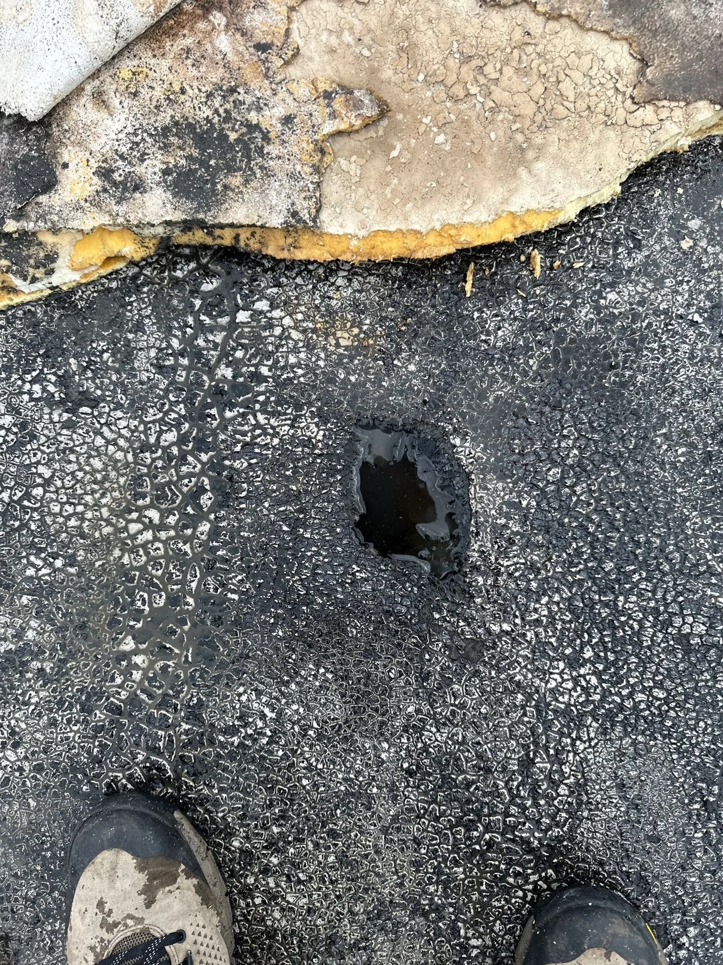 Water standing in a drain opening in black roof coating that has crazed into a web of fine cracks