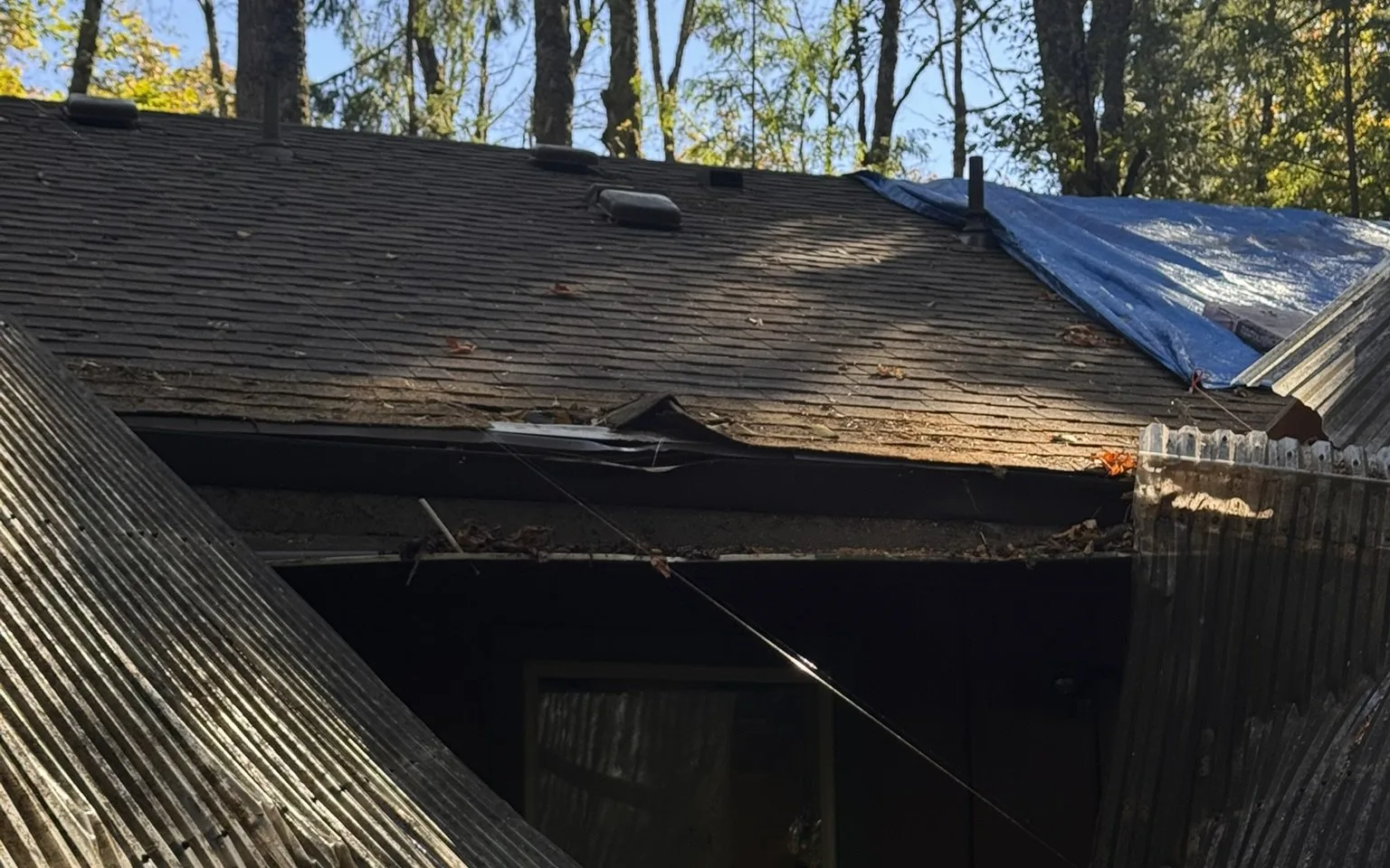 A shingle roof with a blue tarp across its upper corner, a bent gutter and crushed eave along its lower edge, and a collapsed corrugated panel in the foreground