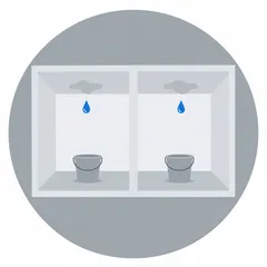 Two rooms separated by a wall, each with a ceiling leak and a bucket.