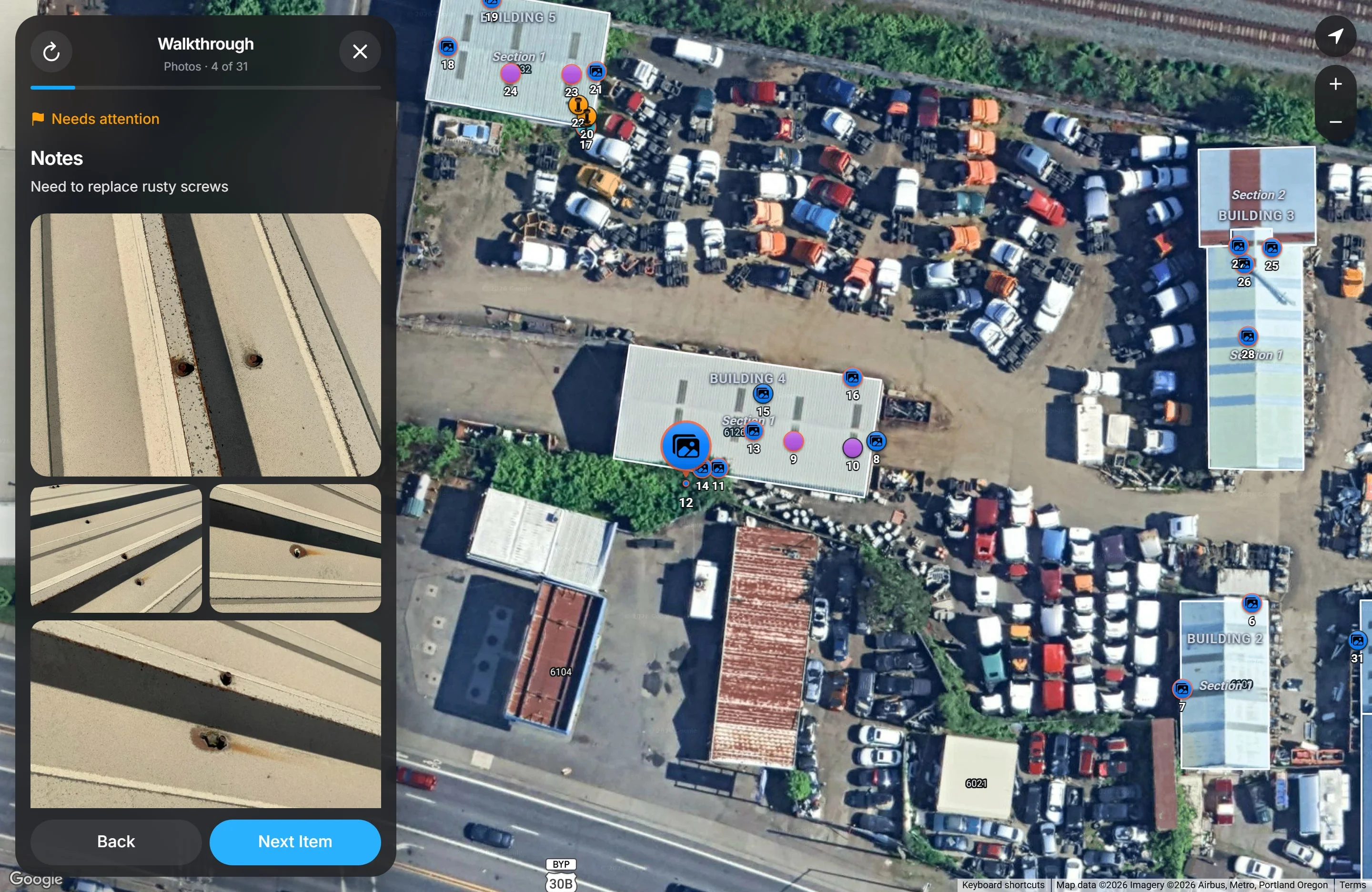 The Roof Report walkthrough on step 4 of 31, a flagged item that needs attention with the note 'Need to replace rusty screws' and four close-up photos of rusted fasteners in a metal roof panel. The map highlights the item's position on Building 4.
