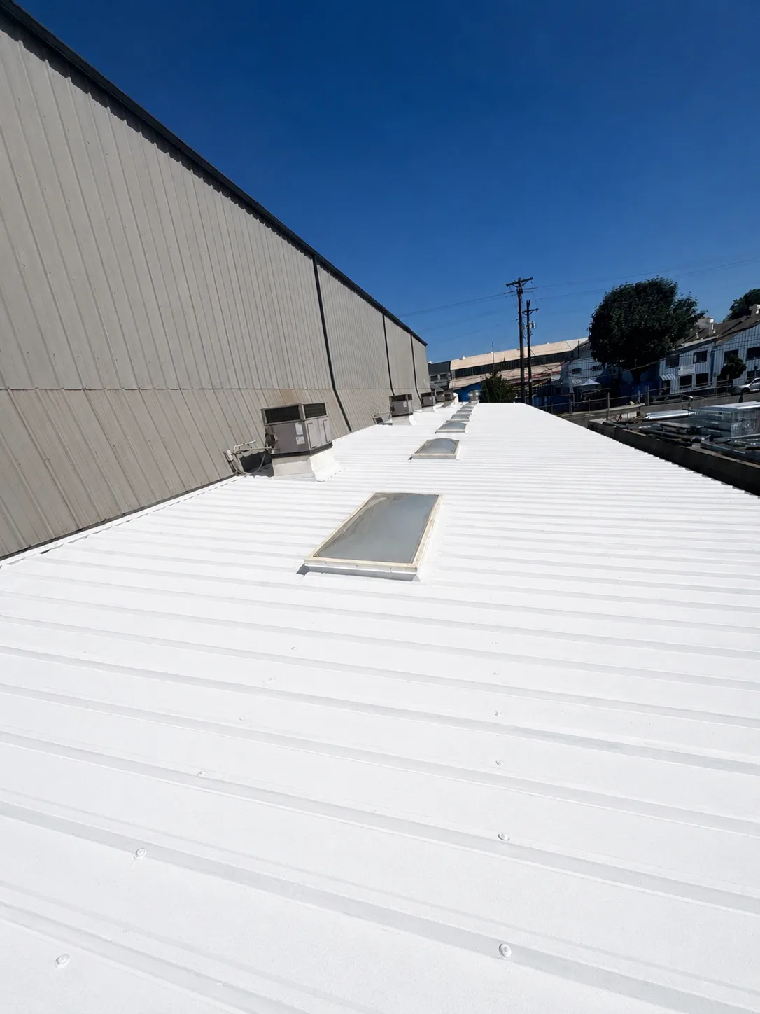 White-coated ribbed metal roof with skylights beside a tall industrial building.