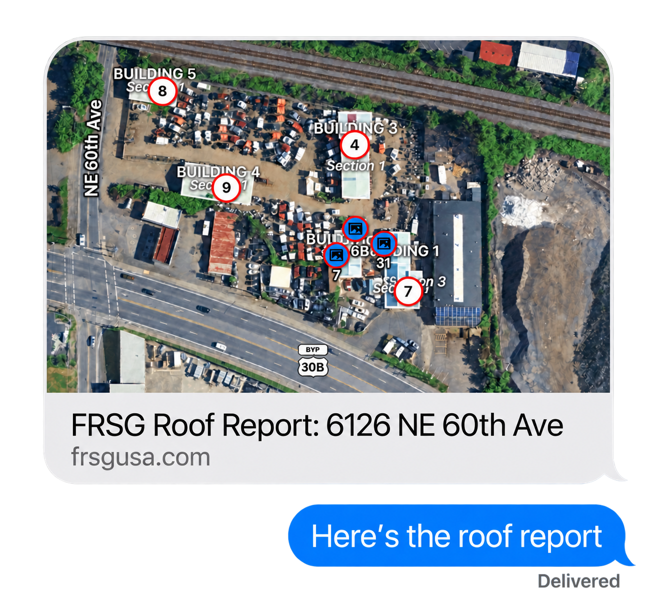 Link preview titled FRSG Roof Report: 6126 NE 60th Ave, with a roof map and frsgusa.com, followed by the message Here’s the roof report and Delivered status.